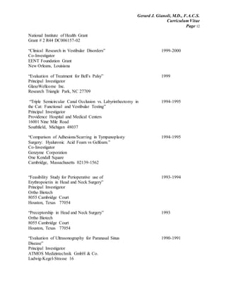 Gerard J. Gianoli, M.D., F.A.C.S.
Curriculum Vitae
Page 12
National Institute of Health Grant
Grant # 2 R44 DC006157-02
“Clinical Research in Vestibular Disorders” 1999-2000
Co-Investigator
EENT Foundation Grant
New Orleans, Louisiana
“Evaluation of Treatment for Bell’s Palsy” 1999
Principal Investigator
GlaxoWellcome Inc.
Research Triangle Park, NC 27709
“Triple Semicircular Canal Occlusion vs. Labyrinthectomy in 1994-1995
the Cat: Functional and Vestibular Testing”
Principal Investigator
Providence Hospital and Medical Centers
16001 Nine Mile Road
Southfield, Michigan 48037
“Comparison of Adhesions/Scarring in Tympanoplasty 1994-1995
Surgery: Hyaluronic Acid Foam vs Gelfoam.”
Co-Investigator
Genzyme Corporation
One Kendall Square
Cambridge, Massachusetts 02139-1562
“Feasibility Study for Perioperative use of 1993-1994
Erythropoietin in Head and Neck Surgery”
Principal Investigator
Ortho Biotech
8055 Cambridge Court
Houston, Texas 77054
“Preceptorship in Head and Neck Surgery” 1993
Ortho Biotech
8055 Cambridge Court
Houston, Texas 77054
“Evaluation of Ultrasonography for Paranasal Sinus 1990-1991
Disease”
Principal Investigator
ATMOS Medizintechnik GmbH & Co.
Ludwig-Kegel-Strasse 16
 