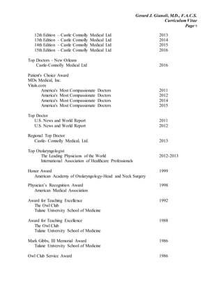 Gerard J. Gianoli, M.D., F.A.C.S.
Curriculum Vitae
Page 9
12th Edition – Castle Connolly Medical Ltd 2013
13th Edition – Castle Connolly Medical Ltd 2014
14th Edition – Castle Connolly Medical Ltd 2015
15th Edition – Castle Connolly Medical Ltd 2016
Top Doctors – New Orleans
Castle-Connolly Medical Ltd 2016
Patient's Choice Award
MDx Medical, Inc.
Vitals.com
America's Most Compassionate Doctors 2011
America's Most Compassionate Doctors 2012
America's Most Compassionate Doctors 2014
America's Most Compassionate Doctors 2015
Top Doctor
U.S. News and World Report 2011
U.S. News and World Report 2012
Regional Top Doctor
Castle- Connolly Medical, Ltd. 2013
Top Otolaryngologist
The Leading Physicians of the World 2012-2013
International Association of Healthcare Professionals
Honor Award 1999
American Academy of Otolaryngology-Head and Neck Surgery
Physician’s Recognition Award 1998
American Medical Association
Award for Teaching Excellence 1992
The Owl Club
Tulane University School of Medicine
Award for Teaching Excellence 1988
The Owl Club
Tulane University School of Medicine
Mark Gibbs, III Memorial Award 1986
Tulane University School of Medicine
Owl Club Service Award 1986
 