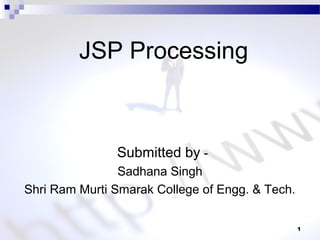 JSP Processing
1
Submitted by -
Sadhana Singh
Shri Ram Murti Smarak College of Engg. & Tech.
 