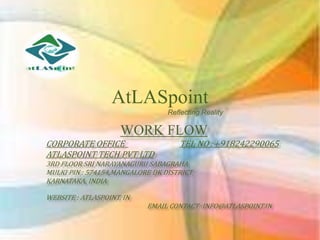 AtLASpoint
Reflecting Reality
WORK FLOW
CORPORATE OFFICE TEL NO :+918242290065
ATLASPOINT TECH PVT LTD
3RD FLOOR SRI NARAYANAGURU SABAGRAHA
MULKI PIN : 574154,MANGALORE DK DISTRICT
KARNATAKA, INDIA
WEBSITE : ATLASPOINT. IN
EMAIL CONTACT :INFO@ATLASPOINT.IN
 
