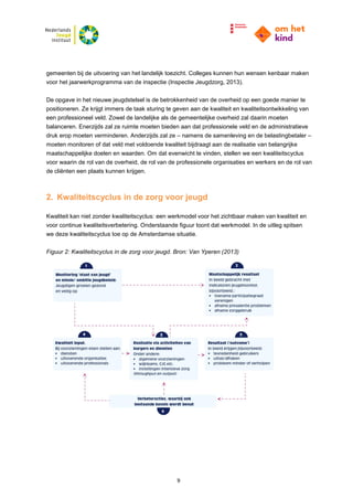 9
gemeenten bij de uitvoering van het landelijk toezicht. Colleges kunnen hun wensen kenbaar maken
voor het jaarwerkprogramma van de inspectie (Inspectie Jeugdzorg, 2013).
De opgave in het nieuwe jeugdstelsel is de betrokkenheid van de overheid op een goede manier te
positioneren. Ze krijgt immers de taak sturing te geven aan de kwaliteit en kwaliteitsontwikkeling van
een professioneel veld. Zowel de landelijke als de gemeentelijke overheid zal daarin moeten
balanceren. Enerzijds zal ze ruimte moeten bieden aan dat professionele veld en de administratieve
druk erop moeten verminderen. Anderzijds zal ze – namens de samenleving en de belastingbetaler –
moeten monitoren of dat veld met voldoende kwaliteit bijdraagt aan de realisatie van belangrijke
maatschappelijke doelen en waarden. Om dat evenwicht te vinden, stellen we een kwaliteitscyclus
voor waarin de rol van de overheid, de rol van de professionele organisaties en werkers en de rol van
de cliënten een plaats kunnen krijgen.
2. Kwaliteitscyclus in de zorg voor jeugd
Kwaliteit kan niet zonder kwaliteitscyclus: een werkmodel voor het zichtbaar maken van kwaliteit en
voor continue kwaliteitsverbetering. Onderstaande figuur toont dat werkmodel. In de uitleg spitsen
we deze kwaliteitscyclus toe op de Amsterdamse situatie.
Figuur 2: Kwaliteitscyclus in de zorg voor jeugd. Bron: Van Yperen (2013)
 