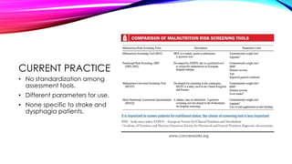 CURRENT PRACTICE
• No standardization among
assessment tools.
• Different parameters for use.
• None specific to stroke and
dysphagia patients.
www.cancerworld.org
 