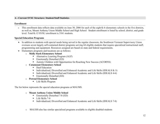 12
A - Current SVSU Structure: Student/Staff Statistics
Enrollment
• This enrollment data reflects data available on June 30, 2006 for each of the eight K-6 elementary schools in the five districts,
as well as, Mount Anthony Union Middle School and High School. Student enrollment is listed by school, district, and grade
level. Total K-12 SVSU enrollment is 3341 students.
Special Education Programs
• In addition to students with special needs being served in the regular classroom, the Southwest Vermont Supervisory Union
oversees seven largely self-contained district programs serving 64 eligible students that require specialized instructional staff,
programming and equipment. Resources assigned are based on state and federal requirements.
• Elementary programs and locations are as follows:
o Molly Stark Elementary School
Alternative Learning Program (ALP)
Emotionally Disturbed (ED)
Autistic Children with Opportunities for Reaching New Success (ACORNS)
o Catamount Elementary School
Deaf Education
Individualized, Diversified and Enhanced Academic and Life Skills (IDEALS K-3)
Individualized, Diversified and Enhanced Academic and Life Skills (IDEALS 4-6)
Emotionally Disturbed (ED)
o Pownal Elementary School
Life Skills Program
The list below represents the special education programs at MAUMS.
o Mount Anthony Union Middle School
Emotionally Disturbed 7-8 (ED)
Life Skills 7-8
Individualized, Diversified and Enhanced Academic and Life Skills (IDEALS 7-8)
o MAUHS also has similar specialized programs available to eligible disabled students
 