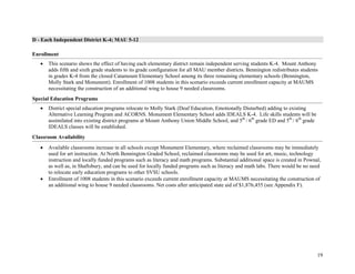 19
D - Each Independent District K-4; MAU 5-12
Enrollment
• This scenario shows the effect of having each elementary district remain independent serving students K-4. Mount Anthony
adds fifth and sixth grade students to its grade configuration for all MAU member districts. Bennington redistributes students
in grades K-4 from the closed Catamount Elementary School among its three remaining elementary schools (Bennington,
Molly Stark and Monument). Enrollment of 1008 students in this scenario exceeds current enrollment capacity at MAUMS
necessitating the construction of an additional wing to house 9 needed classrooms.
Special Education Programs
• District special education programs relocate to Molly Stark (Deaf Education, Emotionally Disturbed) adding to existing
Alternative Learning Program and ACORNS. Monument Elementary School adds IDEALS K-4. Life skills students will be
assimilated into existing district programs at Mount Anthony Union Middle School, and 5th
/ 6th
grade ED and 5th
/ 6th
grade
IDEALS classes will be established.
Classroom Availability
• Available classrooms increase in all schools except Monument Elementary, where reclaimed classrooms may be immediately
used for art instruction. At North Bennington Graded School, reclaimed classrooms may be used for art, music, technology
instruction and locally funded programs such as literacy and math programs. Substantial additional space is created in Pownal,
as well as, in Shaftsbury, and can be used for locally funded programs such as literacy and math labs. There would be no need
to relocate early education programs to other SVSU schools.
• Enrollment of 1008 students in this scenario exceeds current enrollment capacity at MAUMS necessitating the construction of
an additional wing to house 9 needed classrooms. Net costs after anticipated state aid of $1,876,455 (see Appendix F).
 