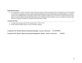 28
Educational Program
• In Unified District schools, all aspects of the educational program will be strengthened and will establish equity for all students
in its schools. Counseling services are added to Monument Elementary School and enhanced in North Bennington. At Mount
Anthony Union Middle School, sixth grade students will be assigned to student teams of 45 with two teachers. Each team will
share two special education paraprofessionals and one special education teacher and have access to computer and science labs.
With this exception, the grade six curriculum will be the same as today.
Average Class Size
• Average class size across the SVSU increases from 17.08 to 18.25
• Mount Anthony Middle School is at 80% enrollment capacity
Combined SVSU Member Districts Educational Spending – increase / (decrease): ( $ 1,371,597 )
Combined SVSU Member Districts Educational Spending Per Student – increase / (decrease): ( $ 433 )
 