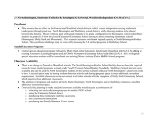31
J - North Bennington, Shaftsbury Unified K-8; Bennington K-5; Pownal, Woodford Independent K-6; MAU 6-12
Enrollment
• This scenario has no effect on the Pownal and Woodford school districts, which remain independent serving students in
kindergarten through grade six. North Bennington and Shaftsbury school districts unify allowing students to be shared
between the districts. Mount Anthony adds sixth grade students to its grade configuration for Bennington, which redistributes
students in grades K-5 from the closed Catamount Elementary School among its three remaining elementary schools
(Bennington, Molly Stark and Monument). This scenario increases enrollment beyond capacity at North Bennington Graded
School. This enrollment challenge may be resolved by housing the 7-8 unified programs at Shaftsbury School.
Special Education Programs
• District special education programs relocate to Molly Stark (Deaf Education, Emotionally Disturbed, IDEALS 4-5) adding to
existing Alternative Learning Program and ACORNS. Monument Elementary School adds IDEALS K-3. BSD sixth grade
special education students will be assimilated into existing Mount Anthony Union Middle School programs.
Classroom Availability
• There is no change to Pownal or Woodford schools. The North Bennington Graded School facility does not have the required
rooms to house needed programs to meet grade 7 and 8 Vermont School Quality Standards. Shaftsbury School has one room
available and can be used by North Bennington students in this unified scenario reducing North Bennington’s classroom needs
to two. A second option may be busing students between schools and sharing program space to meet additional curriculum
requirements. Available classroom use is maximized in all other schools with the exception of Molly Stark Elementary School,
which requires three additional classrooms.
• The addition of programs and students at Molly Stark Elementary, North Bennington and/or Shaftsbury indicates a need for
additional instructional space.
• District facility planning to make needed classrooms available would require a combination of:
o relocating two early education programs to another SVSU school
o using the Catamount School Annex
o purchasing three temporary (mobile) classrooms
o new construction/renovations
o purchasing two Family Resource Center rooms
 