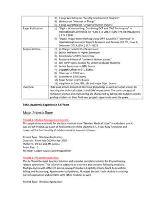 3) 5 days Workshop on “Faculty Development Program”
4) Webinar on “Internet of Things”
5) 8 days Workshop on “Universal Human Values”
Paper Publication 1) “Digital Watermarking: Combining DCT and DWT Techniques” in
International Conference on “ICRD-ETS-2013” ISBN: 978-81-906220-8-0
| 7 /4 / 2013
2) “Digital Image Watermarking Using DWT Based DCT Technique” in
International Journal of Recent Research and Review, Vol. VII, Issue 4,
December 2014, ISSN 2277 – 8322
Responsibilities 1) In-Charge Head of the Department
2) Senior Professor in Higher Semester
3) Coordinator of ISTE Committee
4) Resource Person of “Universal Human Values”
5) 60+ IDP Projects Guided for Under Graduate Students
6) Senior Supervisor in GTU Exams
7) Dispatch Officer in GTU Exams
8) Observer in GTU Exams
9) Examiner in GTU Exams
10) Paper Setter in GTU Exams
11) Invigilator in Gate, RBI, SBI and major Govt. Exams
Overview I had avail ample amount of technical knowledge as well as human values by
teaching the technical subjects and UHV respectively. The core concepts of
computer science and engineering are sharpened by taking core subjects and by
guiding students in their final year projects repeatedly over the years.
Total Academic Experience 4.6 Years
Major Projects Done
Project 1. Medical Management System
This application was build for the local medical store “Neelam Medical Store” in vadodara, and it
was an IDP Project, as a part of final semester of the Diploma I.T., it was fully functional and
covers all the functionality of modern medical inventory system.
Project Type: Window Application
Duration: From Nov-2004 to Apr-2005
Platform: VB 6.0 and MS Access
Team Size: 2
My Role: System Analyst and Programmer
Project 2. Physiotherapist Clinic
This is Physiotherapist Practice Solution and provides complete solution for Physiotherapy
related operations. This solution is software-as-a-service and contains following modules:
Multiple logins with different access, Group Procedure, Eligibility Check, front desk section,
Billing and Accounting, Appointments of patients, Manager Section. Each Module is a strong
part of application and interacts with other modules as well.
Project Type: Window Application
 