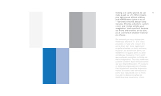 11As long as it can be glazed, we can
make a wall out of it. Which means
your options are almost endless.
And MIMO frames come in any of
17 carefully-selected, design-savvy
standard finishes and colors; custom
colors are limited only by your
imagination. Most important, because
our frame and brackets are so slim,
you’ll see more of whatever material
you choose.
Du moment que vous utilisez des
matériaux allant de ¼” à ¾” nous
pouvons en faire une cloison. En
verre, bien sûr, mais également
en polycarbonate, en bois, en tissus,
en acier, en aluminium peint, en
mélamine, en gypse peint, ou avec
un tableau marqueur. Ce ne sont
que quelques exemples, la limite est
votre imagination. Tous ces matériaux
peuvent s’insérer dans nos extrusions
qui sont disponibles dans 17 couleurs
et textures soigneusement choisies.
Il est également possible de person-
naliser la couleur des extrusions et,
parce que nos pièces sont si fines,
vous verrez beaucoup plus les
matériaux que vous aurez choisi.
 