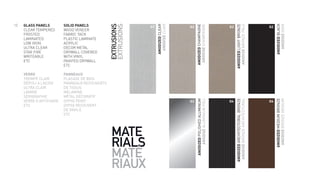 ANODIZEDCLEAR
ANODISÉCLAIR
ANODIZEDCHAMPAGNE
ANODISÉCHAMPAGNE
ANODIZEDLIGHTBRONZE
ANODISÉBRONZEPÂLE
ANODIZEDBLACK
ANODISÉNOIR
12 GLASS PANELS
CLEAR TEMPERED
FROSTED
LAMINATED
LOW IRON
ULTRA CLEAR
STAR FIRE
WRITEABLE
ETC
VERRE
TREMPÉ CLAIR
DÉPOLI A L’ACIDE
ULTRA CLAIR
LAMINÉ
SÉRIGRAPHIE
VERRE A AFFICHAGE
ETC
EXTRUSIONS
EXTRUSIONS
MATE
RIALS
MATÉ
RIAUX
SOLID PANELS
WOOD VENEER
FABRIC TACK
PLASTIC LAMINATE
ACRYLIC
DECOR METAL
DRYWALL COVERED
WITH VINYL
PAINTED DRYWALL
ETC
PANNEAUX
PLACAGE DE BOIS
PANNEAUX RECOUVERTS
DE TISSUS
MÉLAMINE
MÉTAL DÉCORATIF
GYPSE PEINT
GYPSE RECOUVERT
DE VINYLE
ETC
G1 G2 G2 G2
G4G4G2
ANODIZEDPOLISHEDALUMINUM
ANODISÉALUMINIUMPOLI
ANODIZEDMEDIUMBRONZE
ANODISÉBRONZEMÉDIUM
ANODIZEDARCHITECTURALBRONZE
ANODISÉBRONZEARCHITECTURAL
 