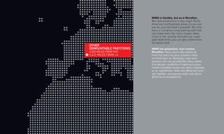 17MIMO is flexible, but so is Muraflex.
We have showrooms in key major North
American metropolitan areas, so you can
see for yourself what’s possible. We also
have a complete engineering staff that
can make even the most unique ideas
come to life, quickly. And with our super
tight lead times, you can get a distinctive,
European look.
MIMO est polyvalent, tout comme
Muraflex. Nous avons des salles de
montres dans les plus grosses villes
en Amérique du Nord pour que vous
puissiez voir nos possibilités. Nous avons
une équipe complète d’ingénieurs pour
rendre possibles toutes vos idées originales
et ce, rapidement. Avec nos délais de livrai-
son rapides, vous pouvez avoir une allure
distincte et européenne.
OTHER
DEMOUNTABLE PARTITIONS
4,022 MILES FROM NYC
6,472 MILES FROM LA
 