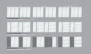 GLASS SLIDING DOORS SINGLE OR MULTIPLE
PORTE EN VERRE COULISSANTE SIMPLE OU MULTIPLE
GLASS PIVOT/HINGE DOORS SINGLE GLAZING
PORTE EN VERRE PIVOTS/CHARNIÈRES VERRE SIMPLE
WOOD HINGE DOORS SINGLE GLAZING
PORTE EN BOIS SUR CHARNIÈRES VERRE SIMPLE
 
