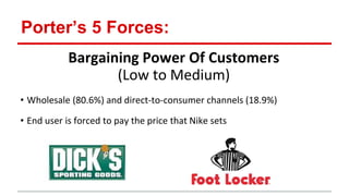 Porter’s 5 Forces:
Bargaining Power Of Customers
(Low to Medium)
• Wholesale (80.6%) and direct-to-consumer channels (18.9%)
• End user is forced to pay the price that Nike sets
 