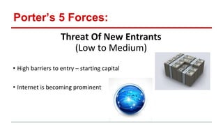 Porter’s 5 Forces:
Threat Of New Entrants
(Low to Medium)
• High barriers to entry – starting capital
• Internet is becoming prominent
 