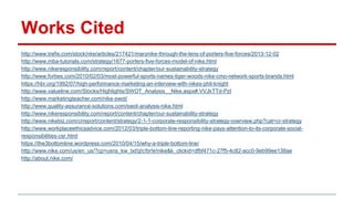 Works Cited
http://www.trefis.com/stock/nke/articles/217421/marynike-through-the-lens-of-porters-five-forces/2013-12-02
http://www.mba-tutorials.com/strategy/1677-porters-five-forces-model-of-nike.html
http://www.nikeresponsibility.com/report/content/chapter/our-sustainability-strategy
http://www.forbes.com/2010/02/03/most-powerful-sports-names-tiger-woods-nike-cmo-network-sports-brands.html
https://hbr.org/1992/07/high-performance-marketing-an-interview-with-nikes-phil-knight
http://www.valueline.com/Stocks/Highlights/SWOT_Analysis__Nike.aspx#.VVJkTTd-PzI
http://www.marketingteacher.com/nike-swot/
http://www.quality-assurance-solutions.com/swot-analysis-nike.html
http://www.nikeresponsibility.com/report/content/chapter/our-sustainability-strategy
http://www.nikebiz.com/crreport/content/strategy/2-1-1-corporate-responsibility-strategy-overview.php?cat=cr-strategy
http://www.workplaceethicsadvice.com/2012/03/triple-bottom-line-reporting-nike-pays-attention-to-its-corporate-social-
responsibilities-csr.html
https://the3bottomline.wordpress.com/2010/04/15/why-a-triple-bottom-line/
http://www.nike.com/us/en_us/?cp=usns_kw_txt!g!c!br!e!nike&k_clickid=dfbf471c-27f5-4c82-acc0-9eb99ee138ae
http://about.nike.com/
 