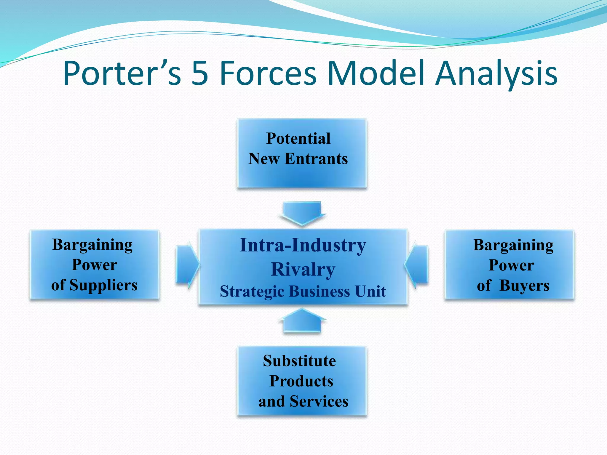 Intra-Industry
Rivalry
Strategic Business Unit
Bargaining
Power
of Buyers
Bargaining
Power
of Suppliers
Substitute
Products
and Services
Potential
New Entrants
Porter’s 5 Forces Model Analysis
 