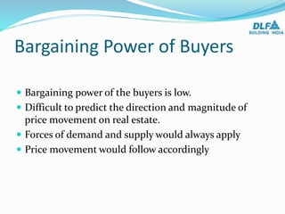 Bargaining Power of Buyers
 Bargaining power of the buyers is low.
 Difficult to predict the direction and magnitude of
price movement on real estate.
 Forces of demand and supply would always apply
 Price movement would follow accordingly
 