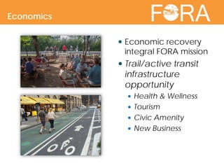  Economic recovery
integral FORA mission
 Trail/active transit
infrastructure
opportunity
 Health & Wellness
 Tourism
 Civic Amenity
 New Business
Economics
 