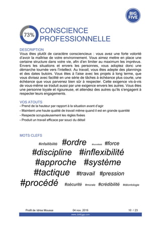 CONSCIENCE 
PROFESSIONNELLE
DESCRIPTION
Vous  êtes  plutôt  de  caractère  consciencieux  :  vous  avez  une  forte  volonté
d’avoir la maîtrise de votre environnement. Vous aimez mettre en place une
certaine structure dans votre vie, afin d’en limiter au maximum les imprévus.
Envers  les  situations  et  envers  les  personnes,  vous  adoptez  donc  une
démarche tournée vers l’intellect. Au travail, vous êtes adepte des plannings
et  des  dates  butoirs.  Vous  êtes  à  l’aise  avec  les  projets  à  long  terme,  que
vous divisez avec facilité en une série de tâches à échéance plus courte, une
échéance que vous parvenez bien sûr à respecter. Cette exigence vis-à-vis
de vous-même se traduit aussi par une exigence envers les autres. Vous êtes
une personne loyale et rigoureuse, et attendez des autres qu’ils s’engagent à
respecter leurs engagements.
VOS ATOUTS
- Prend de la hauteur par rapport à la situation avant d’agir
- Maintient une haute qualité de travail même quand il est en grande quantité
- Respecte scrupuleusement les règles fixées
- Produit un travail efficace par souci du détail
MOTS CLEFS
#infaillibilité   #ordre   #honnêteté   #force  
#discipline   #inflexibilité  
#approche   #système  
#tactique   #travail   #pression  
#procédé   #sécurité   #morale   #crédibilité   #déontologie  
Profil de  10 / 23Idriss Moussa 04 nov. 2016
www.JobEggs.com
 