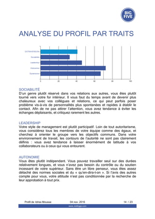 ANALYSE DU PROFIL PAR TRAITS
SOCIABILITÉ
D’un  genre  plutôt  réservé  dans  vos  relations  aux  autres,  vous  êtes  plutôt
tourné  vers  votre  for  intérieur.  Il  vous  faut  du  temps  avant  de  devenir  plus
chaleureux  avec  vos  collègues  et  relations,  ce  qui  peut  parfois  poser
problème  vis-à-vis  de  personnalités  plus  spontanées  et  rapides  à  établir  le
contact.  Afin  de  ne  pas  attirer  l’attention,  vous  avez  tendance  à  éviter  les
échanges déplaisants, et critiquez rarement les autres.
LEADERSHIP
Votre style de management est plutôt participatif. Loin de tout autoritarisme,
vous  considérez  tous  les  membres  de  votre  équipe  comme  des  égaux,  et
cherchez  à  orienter  le  groupe  vers  les  objectifs  communs.  Dans  votre
environnement  de  travail,  les  contours  de  l’autorité  ne  sont  pas  clairement
définis  :  vous  avez  tendance  à  laisser  énormément  de  latitude  à  vos
collaborateurs ou à ceux qui vous entourent.
AUTONOMIE
Vous  êtes  plutôt  indépendant.  Vous  pouvez  travailler  seul  sur  des  durées
relativement  longues,  et  vous  n’avez  pas  besoin  du  contrôle  ou  du  soutien
incessant  de  votre  supérieur.  Sans  être  un  libre  penseur,  vous  êtes  assez
détaché  des  normes  sociales  et  du  «  qu’en-dira-t-on  ».  Si  l’avis  des  autres
compte pour vous, votre attitude n’est pas conditionnée par la recherche de
leur approbation à tout prix.
Profil de  14 / 23Idriss Moussa 04 nov. 2016
www.JobEggs.com
 