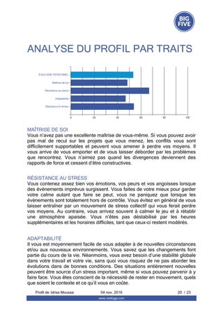 ANALYSE DU PROFIL PAR TRAITS
MAÎTRISE DE SOI
Vous n’avez pas une excellente maîtrise de vous-même. Si vous pouvez avoir
pas  mal  de  recul  sur  les  projets  que  vous  menez,  les  conflits  vous  sont
difficilement  supportables  et  peuvent  vous  amener  à  perdre  vos  moyens.  Il
vous arrive de vous emporter et de vous laisser déborder par les problèmes
que  rencontrez.  Vous  n’aimez  pas  quand  les  divergences  deviennent  des
rapports de force et cessent d’être constructives.
RÉSISTANCE AU STRESS
Vous contenez assez bien vos émotions, vos peurs et vos angoisses lorsque
des évènements imprévus surgissent. Vous faites de votre mieux pour garder
votre  calme  autant  que  faire  se  peut,  vous  ne  paniquez  que  lorsque  les
évènements sont totalement hors de contrôle. Vous évitez en général de vous
laisser entraîner par un mouvement de stress collectif qui vous ferait perdre
vos moyens. Au contraire, vous arrivez souvent à calmer le jeu et à rétablir
une  atmosphère  apaisée.  Vous  n’êtes  pas  déstabilisé  par  les  heures
supplémentaires et les horaires difficiles, tant que ceux-ci restent modérés.
ADAPTABILITÉ
Il vous est moyennement facile de vous adapter à de nouvelles circonstances
et/ou aux nouveaux environnements. Vous savez que les changements font
partie du cours de la vie. Néanmoins, vous avez besoin d’une stabilité globale
dans votre travail et votre vie, sans quoi vous risquez de ne pas aborder les
évolutions dans de bonnes conditions. Des situations entièrement nouvelles
peuvent être source d’un stress important, même si vous pouvez parvenir à y
faire face. Vous êtes conscient de la nécessité de rester en mouvement, quels
que soient le contexte et ce qu’il vous en coûte.
Profil de  20 / 23Idriss Moussa 04 nov. 2016
www.JobEggs.com
 