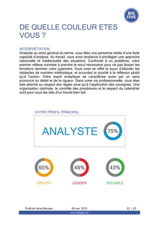 DE QUELLE COULEUR ETES 
VOUS ?
INTERPRÉTATION
Analyste au sens général du terme, vous êtes une personne dotée d’une forte
capacité d’analyse. Au travail, vous avez tendance à privilégier une approche
rationnelle  et  intellectuelle  des  situations.  Confronté  à  un  problème,  votre
premier réflexe consiste à prendre le recul nécessaire pour ne pas laisser les
émotions dominer votre jugement. Vous avez en effet le souci d’aborder les
obstacles de manière méthodique, et accordez la priorité à la réflexion plutôt
qu’à  l’action.  Votre  esprit  analytique  se  caractérise  aussi  par  un  sens
prononcé du détail et de la rigueur. Dans votre vie professionnelle, vous êtes
très attaché au respect des règles ainsi qu’à l’application des consignes. Une
organisation optimale, le contrôle des procédures et le respect du calendrier
sont pour vous les clés d’un travail bien fait.
VOTRE PROFIL PRINCIPAL
ANALYSTE
CRÉATIF LEADER SOCIABLE
Profil de  22 / 23Idriss Moussa 04 nov. 2016
www.JobEggs.com
 