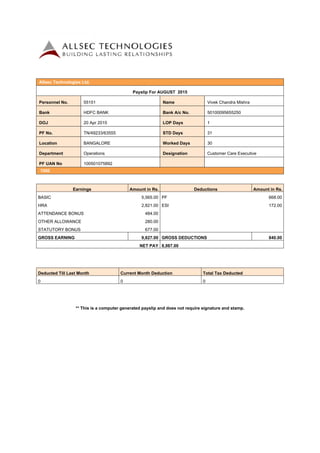 Allsec Technologies Ltd.
Payslip For AUGUST 2015
Personnel No. 55151 Name Vivek Chandra Mishra
Bank HDFC BANK Bank A/c No. 50100095655250
DOJ 20 Apr 2015 LOP Days 1
PF No. TN/49233/63555 STD Days 31
Location BANGALORE Worked Days 30
Department Operations Designation Customer Care Executive
PF UAN No 100501075892
1000
Earnings Amount in Rs. Deductions Amount in Rs.
BASIC 5,565.00 PF 668.00
HRA 2,821.00 ESI 172.00
ATTENDANCE BONUS 484.00
OTHER ALLOWANCE 280.00
STATUTORY BONUS 677.00
GROSS EARNING 9,827.00 GROSS DEDUCTIONS 840.00
NET PAY 8,987.00
Deducted Till Last Month Current Month Deduction Total Tax Deducted
0 0 0
** This is a computer generated payslip and does not require signature and stamp.
 