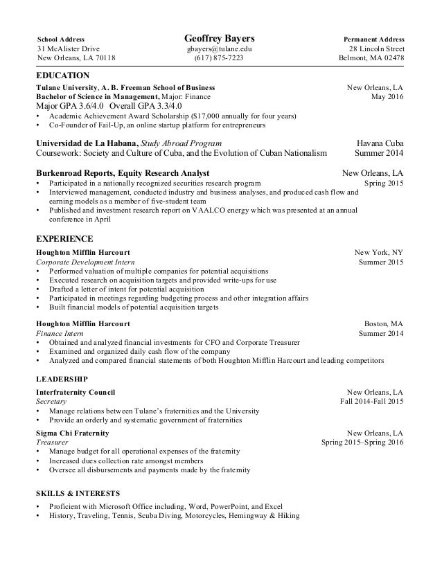 Tulane freeman school of business resume
