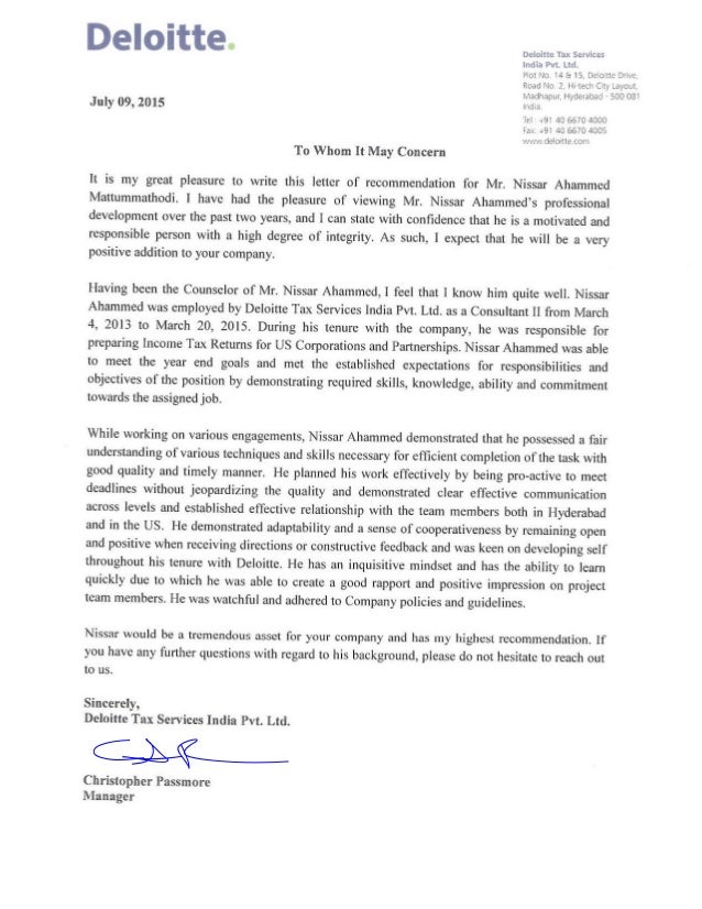 letter of recommendation deloitte recommendation letter