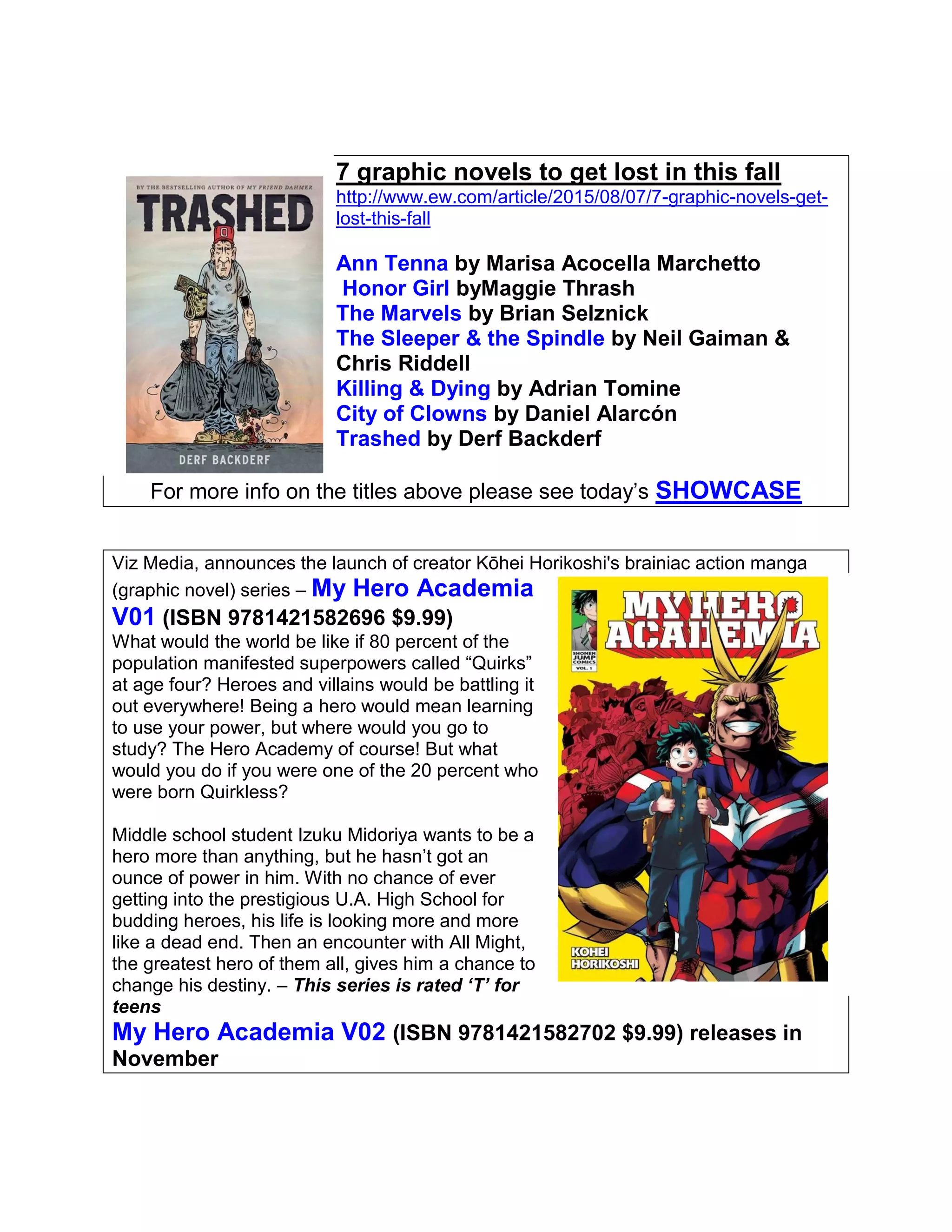 7 graphic novels to get lost in this fall
http://www.ew.com/article/2015/08/07/7-graphic-novels-get-
lost-this-fall
Ann Tenna by Marisa Acocella Marchetto
Honor Girl byMaggie Thrash
The Marvels by Brian Selznick
The Sleeper & the Spindle by Neil Gaiman &
Chris Riddell
Killing & Dying by Adrian Tomine
City of Clowns by Daniel Alarcón
Trashed by Derf Backderf
For more info on the titles above please see today’s SHOWCASE
Viz Media, announces the launch of creator Kōhei Horikoshi's brainiac action manga
(graphic novel) series – My Hero Academia
V01 (ISBN 9781421582696 $9.99)
What would the world be like if 80 percent of the
population manifested superpowers called “Quirks”
at age four? Heroes and villains would be battling it
out everywhere! Being a hero would mean learning
to use your power, but where would you go to
study? The Hero Academy of course! But what
would you do if you were one of the 20 percent who
were born Quirkless?
Middle school student Izuku Midoriya wants to be a
hero more than anything, but he hasn’t got an
ounce of power in him. With no chance of ever
getting into the prestigious U.A. High School for
budding heroes, his life is looking more and more
like a dead end. Then an encounter with All Might,
the greatest hero of them all, gives him a chance to
change his destiny. – This series is rated ‘T’ for
teens
My Hero Academia V02 (ISBN 9781421582702 $9.99) releases in
November
 