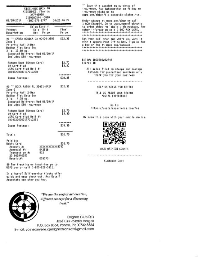 USPS Santa Monica, CA; Boca Raton, FL Receipt