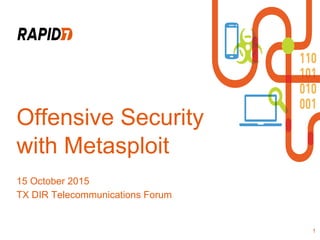Offensive Security
with Metasploit
15 October 2015
TX DIR Telecommunications Forum
1
 