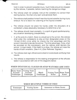 RULE 8-3 OFFICIALS WR-45
hold in order to prevent possible injury. Such holds should be stopped
by the referee, if possible, before reaching the dangerous stage.
h. The referee shall not verbally instruct the wrestlers to correct their
stalling tactics. He shall only warn and penalize them.
i. The refereeshall position himself near the injured wrestler during injury
timeout. He is to watch for coaching of the injured wrestler.
j. The referee should not place his hands under the shoulders of a
contestant unless absolutely necessary to determine a fall.
k. The referee should meet promptly, in a spirit of good sportsmanship,
any situation developing unexpectedly.
I. If, at the end of a match, there is a doubt as to the winner, the referee
shall order the contestants to stay at their designated areas on the
10-foot [3.0m] circle while he checks the time advantage and the
scorer's records to decide the winner. The time advantage, if any, shall
be recorded on the scoreboard, and the referee shall declare the
winner. In dual meets, if the match is a draw, the referee will raise the
hands of both wrestlers. (See 4-4.) (See Referees' Signals.)
m. The referee shall sign official score sheet or score book certifying final
results.
n. The referee is responsible for the seating arrangement at the officials
table in accordance with one of the diagrams below:
WHEN INDIVIDUAL CLOCKS OR STOP WATCHES ARE USED
Home Team
Scorer
WHEN MULTIPLE TIMER IS USED
Visiting Team
Scorer
Match
Timekeeper
Home Team
Assistant
Timekeeper
Announcer or Home ScorerTimekeeper
Visiting Team
Assistant
Timekeeper
Visiting Scorer
 
