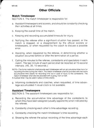 WR-46 OFFICIALS RULE 8-4
Other Officials
Match Timekeeper
SECTION 4. The match timekeeper is responsible for:
a. Assistant timekeepers and scorers, and should be constantly checking
their activities at all times.
b. Keeping the overall time of the match.
c. Keeping and recording accumulated timeouts for injury.
d. Notifying the referee after a significant situation has passed, or the
match is stopped, or a disagreement by the official scorers or
timekeepers, or when requested by the coach to discuss a possible
error.
e. Assisting, when requested by the referee, in determining whether a
situation occurred before or after the termination of a period.
f. Calling the minutes to the referee,contestants and spectators in each
match. The last minute of each period shall be reported at 15-second
intervals. (45, 30, 15 seconds.)
NOTE-The home institution shall provide each timekeeper with an accumulative time clock for
recording the time during the match. The match timekeeper shall be provided with two extra
accumulative time clocks for recording time out in case of injury to the contestants. The
match timekeeper shall also be provided with a gong, horn or bell.
A multiple timer may be used in place of time clocks.
g. Informing contestants and coaches, when requested, of time advan-
tage accumulated if visual clock is not available.
Assistant Timekeepers
SECTION 5. The assistant timekeepers are responsible for:
a. Recording the accumulative time advantage of the contestants to
whom they have been assigned (usually opponents) when indicated by
the referee.
b. Constantly checking each other's time-advantage recording.
c. Constantly checking the match timekeeper's time recording.
d. Showing the referee the actual recording of the time advantage each
 