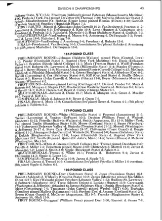 F*"
DIVISION Ill CHAMPIONSHIPS
(AlbanyState, N.Y.17-5; Freedman (Ashland) inned Bateman (MassachusettsMaritime)
q:oo; Prubyla (York,Pa.) pinned DeVetter (~t.+hom?s)7:30; Martello (MontclairState)d.
scheib (Elizabethtown)9-4; Ruhnke (U per Iowa) pinned Houska (Hiram) 4:30; Godholt
(Trenton State) d. Smedley (Humboldt !&ate) 7-3.
FIRST ROUND-Mason d. Kijauskas (John Carroll) 10-2;VanDenberg d. Pearson 11-7;
Armstrong d. Bouslog 6-5; DePasquale d. Keip 10-8; Lynn (Hunter) d. Culbertson 19-6-
Freedman d. Prubula 12-3;Ruhnke d. Martello 4-3; Hogg (Salisbur State) d. Godholt 7-3:
QUARTERFINALS-VanDenberg d. Mason 8-4; Armstrong d. ge~ascpale5-2; Freed-
man d. L nn 18-6. Ruhnke d. Hogg 7-0.
S E M I I ~ N A L S - V ~ ~ D ~ ~ ~ ~ ~d. Armstrong 5-4; Freedman d. Ruhnke 13-6.
FINALS-Freedman d. ~anfienber14 5; Consolations (3rdplace) Ruhnke d. Armstrong
7-3; (5thplace) Martello d. ~ e ~ a s ~ u a t e113-6.
167-POUND CLASS
PRELIMINARY ROUND-Johnson (Baldwin-Wallace) pinned Plein (Central, Iowa)
1.10. Pender (Humboldt State) d. Bogsted (New York Maritime) 8-6; Danis (Delaware
valley)d. Scanlon (Rhode Island College) 11-1; Mock (Trenton State) d. Wolff (Potsdam
State) 10-8;Roberts (St. Lawrence) d. March (Millersville State) 11-4; Staples (Plymouth
State)d. Berr (Hiram) 11-8;Munyan (Alma)pinned Foote (CornellColle e)4:15; McGrain
(&!and) d. Akulslu (Mansfield.State)5-4;Green (Brock ort State)d. ~ l f e r d ~ c e(Coe)8-2;
s rulll (Lycorning) d. Cox (Salisbur State) 8-6; Kiff (Eortland State) d. Stufae (Mount
&ion) 8-3; Hareza (John Carroll) dlMorton (Ithaca) 11-6; Beyer (Minnesota-Morns)d.
Stamrn (Wheaton) 4-2.
FIRST ROUND-Johnson pinned Leiting (Cartha e) 4:15; Danis d. Pender 7-5; Mock d.
~ ~ b e r t s6-3.Munyan d.Staples 12-2. Mueller (Casegestern Reserve) d. McGrain 9-3;Green
d. S ruill ld-7; Kiff d. Hareza 9-3; Beyer.d. Corle (OswegoState) 9-7.
Q f J ~ ~ ~ ~ ~ ~ ~ ~ ~ ~ ~ - ~ o h n s o nd. Danis 10-7; hock d. Munyan 14-5; Green d Mueller
10-5;Be er d. Kiff 4-1.
S E M I ~ N A L S - ~ o c kd. Johnson 9-8; Beyer d. Green 7-6.
FINALS-Beyer d. Mock 15-8; Consolations (3rdplace) Green d. Stamm 4-1; (5thplace)
Johnson d. Roberts 9-2.
177-POUND CLASS
PRELIMINARY ROUND-White (Millersville State) d. Poverud (Jamestown) 21-5;
Tremel (Lycoming) d. Yonkus (DePauw) 10-2; Davison (William Penn) d. Wolcott
(Amherst)15-12;Petrella(Ba1dwin-Wallace)d. Smith (Augustana, Ill.) 13-0; Miller (York,
Pa.) pinned Taplin (Stanislaus State) 6:30; Moore (Cortland State) d. Sauer (Wartburg)
12-9; Robertson (Delaware Valley) d. Dinicola (TrentonState)21-12;Morrell (Washington
& Jefferson) 24-17 d. Steve Carr (Potsdam) 24-17; Chittenden (Coast Guard) d. Burgie
(Olivet)11-2-Alemagno (JohnCarroll) d. Wmkels (St.Thomas)3-0;Jarosz (Salisbury State)
d. Dukich (Bin hamton State) 13-0; Lopez (Humboldt State) d. Bogsted (New York
Maritime)10-2;Emith (Ripon)d. Quinn (St.Johnk, Minn.) 14-5;Salem (Ithaca)d. McGrew
(Washin ton, Mo.) 3-2
FIRS? ROUND-white d. Greene (Cornell College) 16-2;Tremel inned Davidson 3:40;
Petrella d. Miller 7-5; Robeftson pinned Moore 3:OO; Chittenden d. iborrell 19-0;Jarosz d.
Alemagno 7-2; Lo ez d. Smith 3-0; Si !e (Brockport State) d. Salem 9-3.
QUARTERFI~~ALS-~remeld. d%te 10-1; Petrella d. Robertson 9-4; Jarosz d.
Chittenden 14-3. Si ple d. Lo ez 5-0.
SEMIFINALS-?reme1 d. 6etrella 10-9; Jarosz d. Si ple 7-5.
FINALS-Jarosz d. Tremel14-9; Consolatrons (3rdphce) Petrella d. Miller 1-0overtime;
(5thplace) Sipple d. Salem 6-1.
190-POUND CLASS
PRELIMINARY ROUND-Derr (Kutztown State) d. Jones (Stanislaus State) 16-1;
Esmont (Ashland) d. O'Meally (Oneonta State) 10-8;James (Marietta)pinned MacMillan
(Knox)517-Klee (Wabash)pinned Pritcher (Lebanon Valley) 1:53;Hudson (St.Lawrence)
d. Sedmark Allegheny) 10-7. Teece (Mount Union) d. Lupano (Hunter) 15-9. Caravaggia
(Washin ton & Jefferson) detaulted to Jarosz (Salisbury State). Smith ( ~ r o c k i o r tState)d.
Maim (8ettysbur ) 7 0; Trautrnan (John Carroll) pinned ~ i o b e l(MIT) 6:50; Durbahn
(Hamline)pinned%al-lett (Kalamazoo)4:15; Strohm (Coe)d. Amann (Cortland State)2-1;
Brown (Coast Guard) d. McCarter (Augustana, Ill.) 9-5; Francke (Binghamton State) d.
Anderson (St. Olaf) 15-9.
FIRST ROUND-Burggraaf (William Penn) pinned Derr 3:OO; Esmont d. James 7-6;
 