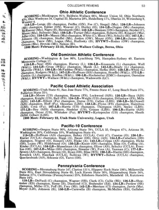 COLLEGIATEREVIEWS
Ohio Athletic Conference
SCORING-Muskingum 81% Baldwin-Wallace 66%, Mount Union 52, Ohio Northern
4.7%. Ohio Wesleyan 34, Capital 33, Manetta 28%,Heidelberg 17%,Oberlin 10, Wittenberg 9,
~ o b s t e r4.
118-LB-Lange (B) cham ion Peiffer (ON) Fee (C) Stegall (Mu). 126-LB-Johnson
( ~ t )cham ion, Eshler (ON! wkaver (C), ~ u h e y( ~ ) ; ' 1 3 4 - ~ ~ - ~ u i a n(Mt) champion,
~ ~ K e e v e r?MU). Nlgro (B),Bernhardt (Ob);142-LB-Beaman (ON)champion, Snyder (C),
Moore (Mu),Balment (Ma);150-LB-Turner (Mu)cham ion, Roberts (H),Kingzett (Ma),
~ & r(Ob);158-LBTMason (Mu)champion, White (C) goon (Wi) Schultz (H).167-LB-
,Johnso? (B) champion, Stuffel (Mt), Jordon (OW), Ihoyer (ON): 1 9 0 - ~ ~ - ~ A m e s(Ma)
Teece (Mt), Logan (Mu), Rudlosky (B); HVYWT-Rodan (OW) champion,
Grinle.5(Mu),Brotzki (Mt), Nelson (H).
1980 Meet: February 22-23, Baldwin-Wallace College, Berea, Ohio
Old Dominion Athletic Conference
SCORING-Washington & Lee 86% Lynchburg 79%, Hampden-Sydney 49, Eastern
Mennonite College 17.
118-LB-Neal (HS) cham ion, Harvey (L); 126-LB-Kousouris (L) champion, Wall
(w&L).. 134-LB-Gross ( w ~ L )cham ion Marsh (L); 142-LB-Brady (L) champion
~orvilfe(W&L): 150-LB-McFadden (~V&L)champion Heflin ( H S ) 158-LB-White (L$
champion,Rodge~,(W&L);167-LB-Huffman (HS)chahpion, ~toeffel(W&L);177-LB-
Gordon (L)cham ion, Kniffen (W&L);190-LB-Hochstetter (EMC) champion, Oxendine
(W&L);~ ~ ~ ~ ' l ? - ~ a l l a c e(W&L)champion, Wadsworth (LC).
Pacific Coast Athletic Association
SCORING-Utah State 81, San Jose State 77%, Fresno State 47, Long Beach State 37?4
Fullerton State 35%.
118-LB-Moore (US) cham ion, Hasson (FS) Lockwood (SJS). 126-LB-Baza (SJS)
champion Knight (US) Ball (8s). l 3 4 - ~ ~ - ~ e i i h t(US)ehampiod Dillashaw (FS) Mills
(SJS); 1 4 2 - ~ ~ - ~ l l i o t ;(Fu) chakpion, Duroe (US), Callen (LBS~;~ ~ o - L B - M c D ~ w ~ ~ ~
(SJS) champion, Hoff (Fu) Okoorian (LBS) 158-LB-Flynn (FS) champion Hamilton
(LBS), Cota (Fu); 1 6 7 - ~ ~ - ~ a r r i s(US) ckampiop, Thompson (SJS), ~eeiey(LBS);
177-LB-Rey (SJS) champion Sindelar (US) Gnmes (LBS) 190-LB-Harris (SJS)
champion, Dryer (US), ~ h i t a i e r(Fu); ~ V Y & ~ - ~ ~ r i o ~ o u l o s '(US) champion, Heath
(SJSO, Gilbert (LBS).
1980 Meet: February 22, Utah State University, Logan, Utah
Pacific-10 Conference
SCORING-Oregon State 90% Arizona State 79% UCLA 55, Oregon 47%, Arizona 39,
Washington 26%, California 10% 'washin ton State 4k.
118-LB-Hoffman ( 4 s ) chadpion, ~ o l a y(UCLA), Cotti (C), Cuestas (0); 126-LB-
Kistler (UCLA) champion Riggs (A) Bauer ( 0 s ) Ortiz (AS). 134-LB-Caballero ( 0 s )
cham ion Nu ent ( 0 ) ~ d m e r o(AS)'Blake (A). i 4 2 - ~ ~ - ~ r i b ~ s(AS) cham ion, Hicks
(OS)L . h n (8')~ildkbrand(0). I ~ ~ - L B - K ~ O ~(OS) champlon Bliss ( 0 ) 8ofin (A)
~itsier(GCLA)-'~~S-LB--MUSS~&~~~(A) cham ion Oliver (AS) Schultz ( U ~ L A )Even:
hus (0s); 167-LB-M~~~S( 0 s ) champion, ~ r e s s g r(w), Forx (A): Yeaman (C); ~?+-LB-
Sever? (AS)champion, Brown (0),R an (OS),Bliss (WS);190-LB-Harris ( 0 s )champion,
Kovalick (AS Haschak (UCLA) gullivan (W); HVYWT-Bohna (UCLA) champion,
Quackenbush (AS),Schoene (0),?arc0 (0s).
Pennsylvania Conference
SCORING-Bloomsburg State 147, Clarion 131%, Slippery Rock State 106%, Millersville
State 85% East Stroudsburg State 65 Lock Haven State 50% Shippensburg State 34%,
Indiana 2?%,California (~enns~lvaniaj25%,Edinboro ~tate244,Mansfield 18, Kutztown
State 16%.
118-LB-DePaoli (C) cham ion Wagner (SR) Clark (Cl) Callie (Mi). 126-LB-Shoe-
maker (ES) champion Reese PB) biamond (Cl)'~ r a b e n d e r ' ( ~ d ) .134-LB-perdew (SR)
champion, Miller ( ~ l ) , ' ~ o f f(B), ~ ; e ~(Mi); 1 4 2 - ~ ~ - ~ e r r i a m( ~ l fchampion, Jarvis (Ma),
Moyer (LH), Johnson (B); 150-LB-Caravella (B) champion, McMullen (ES), Gallaher
 