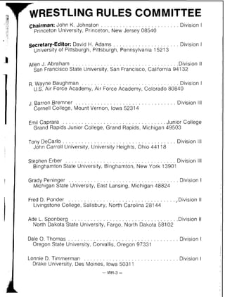 chairman: John K. Johnston . . . . . . . . . . . . . . . . . . . . . . . . .Division I
princeton University, Princeton, New Jersey 08540
secretary-Editor: David H. Adams . . . . . . . . . . . . . . . . . . . . . Division I
university of Pittsburgh, Pittsburgh, Pennsylvania 15213
. . . . . . . . . . . . . . . . . . . . . . . . . . . . . . . . .~ l l e nJ. Abraham .Division II
San Francisco State University, San Francisco, California 94132
R. Wayne Baughman . . . . . . . . . . . . . . . . . . . . . . . . . .Division I
U S . Air Force Academy, Air Force Academy, Colorado 80840
. . . . . . . . . . . . . . . . . . . . . . . . . . . . . . . .J. Barron Bremner Division Ill
Cornell College, Mount Vernon, lowa 52314
. . . . . . . . . . . . . . . . . . . . . . . . . . . . . . . . .€mil Caprara Junior College
Grand Rapids Junior College, Grand Rapids, Michigan 49503
. . . . . . . . . . . . . . . . . . . . . . . . . . . . . . . . . . . .~ o n yDeCarlo Division Ill
John Carroll University, University Heights, Ohio 441 18
Stephen Erber . . . . . . . . . . . . . . . . . . . . . . . . . . . . . . . . . . . Division Ill
Binghamton State University, Binghamton, New York 13901
Grady Peninger . . . . . . . . . . . . . . . . . . . . . . . . . . . . . . . . . . .Division I
Michigan State University, East Lansing, Michigan 48824
Fred D. Ponder . . . . . . . . . . . . . . . . . . . . . . . . . . . . . . . . .+.DivisionII
Livingstone College, Salisbury, North Carolina 28144
Ade L. Sponberg . . . . . . . . . . . . . . . . . . . . . . . . . . . . . . . . . .Division II
North Dakota State University, Fargo, North Dakota 58102
Dale 0.Thomas . . . . . . . . . . . . . . . . . . . . . . . . . . . . . . . . . . .Division I
Oregon State University, CorvaIIis, Oregon 97331
Lonnie D. Timmerman . . . . . . . . . . . . . . . . . . . . . . . . . . . . . .Division I
Drake University, Des Moines, lowa 5031 1
 