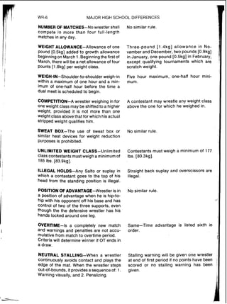 MAJOR HIGH SCHOOL DIFFERENCES
NUMBEROF MATCHES-No wrestler shall
compete in more than four full-length
matches in any day.
WEIGHT ALLOWANCE-Allowance of one
pound [0.5kg] added to growth allowance
beginningon March 1.Beginningthe first of
March,there will be a net allowance of four
Pounts [I .8kg] per weight class.
WEIGH-IN-Shoulder-to-shoulder weigh-in
within a maximum of one hour and a min-
imum of one-half hour before the time a
No similar rule.
Three-pound [I .4kg] allowance in No-
vember and December, two pounds [0.9kg]
in January, one pound [0.5kg] in February,
except qualifying tournaments which are
scratch weight.
Five hour maximum, one-half hour mini-
mum.
dual meet is scheduled to begin.
COMPETITION-A wrestler weighing in for
one weight class may be shifted to a higher
weight, provided it is not more than one
weight class abovethat for which his actual
stripped weight qualifies him.
SWEAT BOX-The use of sweat box or
similar heat devices for weight reduction
Purposes is prohibited.
UNLIMITED WEIGHT CLASS-Unlimited
classcontestants mustweigh a minimumof
185 lbs. [83.9kgJ
ILLEGAL HOLDS-Any Salto or suplay in
which a contestant goes to the top of his
head from the standing position is illegal.
POSITIONOF ADVANTAGE-Wrestler is in
a position of advantage when he is hip-to-
hip with his opponent off his base and has
control of two of the three supports, even
though the the defensive wrestler has his
hands locked around one leg.
OVERTIME-1s a completely new match
and warnings and penalties are not accu-
mulative from match to overtime period.
Criteria will determine winner if OT ends in
a draw.
NEUTRAL STALLING-When a wrestler
continuously avoids contact and plays the
edge of the mat. When the wrestler steps
out-of-bounds, it provides a sequence of: 1.
Warning visually, and 2. Penalizing.
A contestant may wrestle any weight class
above the one for which he weighed in.
No similar rule.
Contestants must weigh a minimum of 177
Ibs. [80.3kg].
Straight back suplay and overscissors are
illegal.
No similar rule.
Same-Time advantage is listed sixth in
order.
Stalling warning will be given one wrestler
at end of first period if no points have been
scored or no stalling warning has been
given.
 