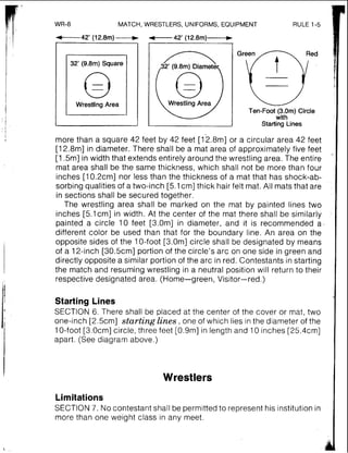 MATCH, WRESTLERS, UNIFORMS, EQUIPMENT RULE 1-5
32' (9.8m) Square
0Wrestling Area Wrestling Area
Green
m'"
Ten-Foot (3.0m) Circle
with
Starting Lines
more than a square 42 feet by 42 feet [12.8m] or a circular area 42 feet
[I2.8mI in diameter. There shall be a mat area of approximately five feet
[I.5mJin width that extends entirely around the wrestling area. The entire
mat area shall be the same thickness, which shall not be more than four
inches [I0.2cmI nor less than the thickness of a mat that has shock-ab-
sorbing qualities of a two-inch [5.l cm] thick hair felt mat. All mats that are
in sections shall be secured together.
The wrestling area shall be marked on the mat by painted lines two
inches [5.lcm] in width. At the center of the mat there shall be similarly
painted a circle 10 feet [3.0m] in diameter, and it is recommended a
different color be used than that for the boundary line. An area on the
opposite sides of the 10-foot [3.0m] circle shall be designated by means
of a 12-inch [30.5cm] portion of the circle's arc on one side in green and
directly opposite a similar portion of the arc in red. Contestants in starting
the match and resuming wrestling in a neutral position will return to their
respective designated area. (Home-green, Visitor-red.)
Starting Lines
SECTION 6. There shall be placed at the center of the cover or mat, two
one-inch [2.5cm] starting lines , one of which lies inthe diameter of the
10-foot [3.0cm] circle, three feet [0.9m] in length and 10 inches [25.4cm]
apart. (See diagram above.)
Wrestlers
Limitations
SECTION 7. No contestant shall be permitted to represent his institution in
more than one weight class in any meet.
 