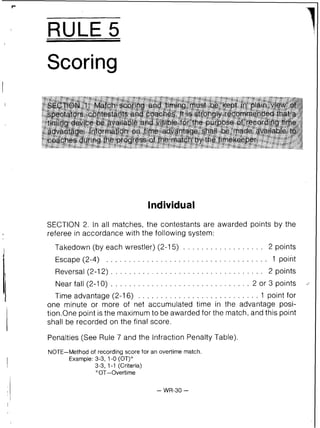 I RULE 5
Scoring
Individual
SECTION 2. In all matches, the contestants are awarded points by the
referee in accordance with the following system:
. . . . . . . . . . . . . . . . . .Takedown (by each wrestler) (2-15) 2 points
. . . . . . . . . . . . . . . . . . . . . . . . . . . . . . . . . . . .Escape (2-4) 1 point
. . . . . . . . . . . . . . . . . . . . . . . . . . . . . . . . . .Reversal (2-12) 2 points
. . . . . . . . . . . . . . . . . . . . . . . . . . . . . . .Near fall (2-10) 2 or 3 points ...
. . . . . . . . . . . . . . . . . . . . . . . . . . .Time advantage (2-16) 1 point for
one minute or more of net accumulated time in the advantage posi-
tion.One point is the maximum to be awarded for the match, and this point
shall be recorded on the final score.
Penalties (See Rule 7 and the Infraction Penalty Table).
NOTE-Method of recording score for an overtime match.
Example:3-3, 1-0 (OT)"
3-3, 1-1 (Criteria)
"OT-Overtime
 