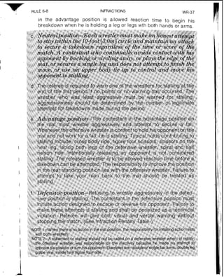 INFRACTIONS
in the advantage position is allowed reaction time to begin his
breakdown when he is holding a leg or legs wth both hands or arms.
 
