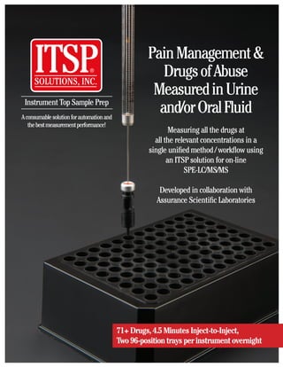 PainManagement&
DrugsofAbuse
MeasuredinUrine
and/orOralFluid
Measuring all the drugs at
all the relevant concentrations in a
single unified method / workflow using
an ITSP solution for on-line
SPE-LC/MS/MS
Developed in collaboration with
Assurance Scientific Laboratories
Instrument Top Sample Prep
Aconsumablesolutionforautomationand
thebestmeasurementperformance!
71+Drugs, 4.5 MinutesInject-to-Inject,
Two 96-position traysperinstrumentovernight
 
