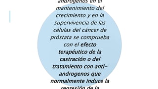 andrógenos en el
mantenimiento del
crecimiento y en la
supervivencia de las
células del cáncer de
próstata se comprueba
con el efecto
terapéutico de la
castración o del
tratamiento con anti-
androgenos que
normalmente induce la
 