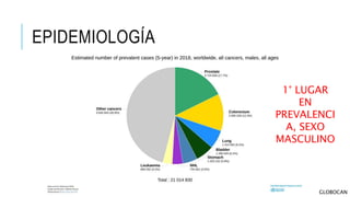 EPIDEMIOLOGÍA
1° LUGAR
EN
PREVALENCI
A, SEXO
MASCULINO
GLOBOCAN
 