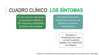 CUADRO CLÍNICO: LOS SÍNTOMAS
Es raro que los pacientes
se presentan debido a
los síntomas atribuibles
al cáncer de próstata.
Con poca frecuencia
puede presentarse con
síntomas urinarios
inespecíficos
hematuria o
hematospermia; estos
son por lo general
debido a las condiciones
no malignas.
Philip W. et al. (2020) Clinical presentation and diagnosis of prostate cancer. UpToDate.
 
