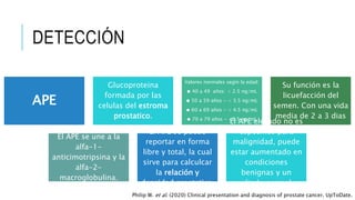APE
Glucoproteina
formada por las
celulas del estroma
prostatico.
Valores normales segín la edad:
● 40 a 49 años: < 2.5 ng/mL
● 50 a 59 años - < 3.5 ng/mL
● 60 a 69 años - < 4.5 ng/mL
● 70 a 79 años - <6.5 ng/mL
Su función es la
licuefacción del
semen. Con una vida
media de 2 a 3 dias
El APE se une a la
alfa-1-
anticimotripsina y la
alfa-2-
macroglobulina.
El APE se puede
reportar en forma
libre y total, la cual
sirve para calculcar
la relación y
densidad prostatica.
El APE elevado no es
específico para
malignidad, puede
estar aumentado en
condiciones
benignas y un
resultado normal no
descarta cancer.
DETECCIÓN
Philip W. et al. (2020) Clinical presentation and diagnosis of prostate cancer. UpToDate.
 
