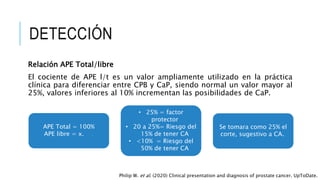 DETECCIÓN
Relación APE Total/libre
El cociente de APE l/t es un valor ampliamente utilizado en la práctica
clínica para diferenciar entre CPB y CaP, siendo normal un valor mayor al
25%, valores inferiores al 10% incrementan las posibilidades de CaP.
APE Total = 100%
APE libre = x. .
• 25% = factor
protector
• 20 a 25%= Riesgo del
15% de tener CA
• <10% = Riesgo del
50% de tener CA
Se tomara como 25% el
corte, sugestivo a CA..
Philip W. et al. (2020) Clinical presentation and diagnosis of prostate cancer. UpToDate.
 