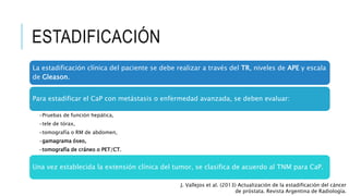 ESTADIFICACIÓN
J. Vallejos et al. (2013) Actualización de la estadificación del cáncer
de próstata. Revista Argentina de Radiología.
La estadificación clínica del paciente se debe realizar a través del TR, niveles de APE y escala
de Gleason.
Para estadificar el CaP con metástasis o enfermedad avanzada, se deben evaluar:
•Pruebas de función hepática,
•tele de tórax,
•tomografía o RM de abdomen,
•gamagrama óseo,
•tomografía de cráneo o PET/CT.
Una vez establecida la extensión clínica del tumor, se clasifica de acuerdo al TNM para CaP.
 