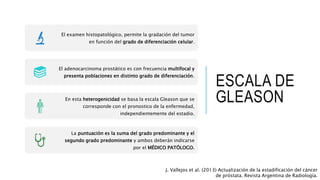 ESCALA DE
GLEASON
J. Vallejos et al. (2013) Actualización de la estadificación del cáncer
de próstata. Revista Argentina de Radiología.
El examen histopatológico, permite la gradación del tumor
en función del grado de diferenciación celular.
El adenocarcinoma prostático es con frecuencia multifocal y
presenta poblaciones en distinto grado de diferenciación.
En esta heterogenicidad se basa la escala Gleason que se
corresponde con el pronostico de la enfermedad,
independientemente del estadio.
La puntuación es la suma del grado predominante y el
segundo grado predominante y ambos deberán indicarse
por el MÉDICO PATÓLOGO.
 