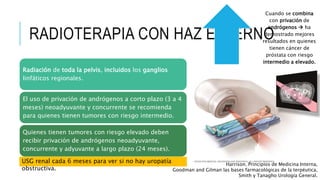RADIOTERAPIA CON HAZ EXTERNO
Radiación de toda la pelvis, incluidos los ganglios
linfáticos regionales.
El uso de privación de andrógenos a corto plazo (3 a 4
meses) neoadyuvante y concurrente se recomienda
para quienes tienen tumores con riesgo intermedio.
Quienes tienen tumores con riesgo elevado deben
recibir privación de andrógenos neoadyuvante,
concurrente y adyuvante a largo plazo (24 meses).
Harrison. Principios de Medicina Interna,
Goodman and Gilman las bases farmacológicas de la terpéutica,
Smith y Tanagho Urología General.
Cuando se combina
con privación de
andrógenos  ha
demostrado mejores
resultados en quienes
tienen cáncer de
próstata con riesgo
intermedio a elevado.
USG renal cada 6 meses para ver si no hay uropatía
obstructiva.
 