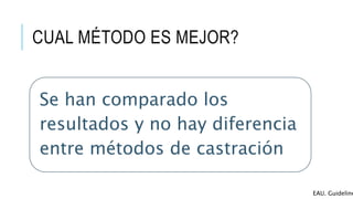 CUAL MÉTODO ES MEJOR?
Se han comparado los
resultados y no hay diferencia
entre métodos de castración
EAU. Guideline
 